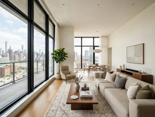 Modern luxury apartment interior with large windows and natural light, minimalist contemporary design