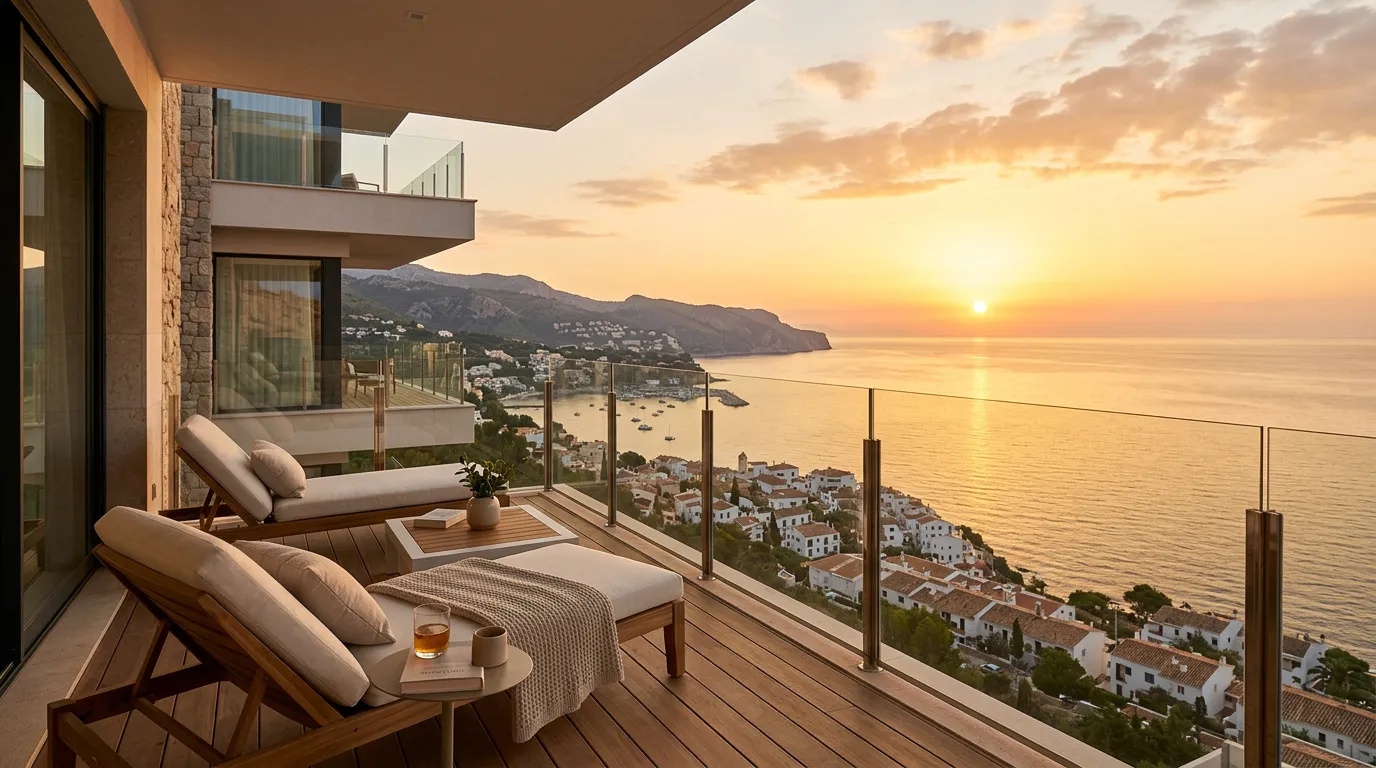 Luxury apartment balcony with sea view overlooking Mediterranean coastline at golden sunset, modern architecture with clean lines, ocean horizon and coastal town landscape