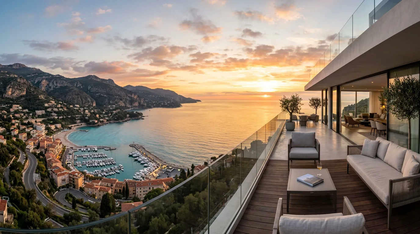 Panoramic Mediterranean sea view from modern luxury apartment terrace, coastal landscape with mountains and beach, sunset lighting